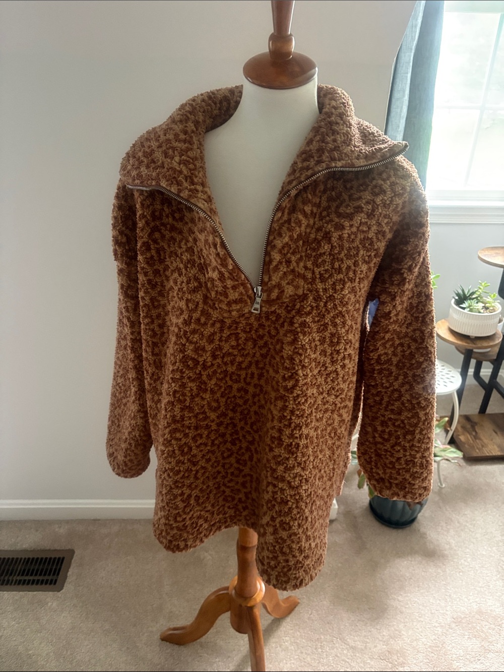 Ann Taylor Brown Textured Teddy Half-Zip Pullover
